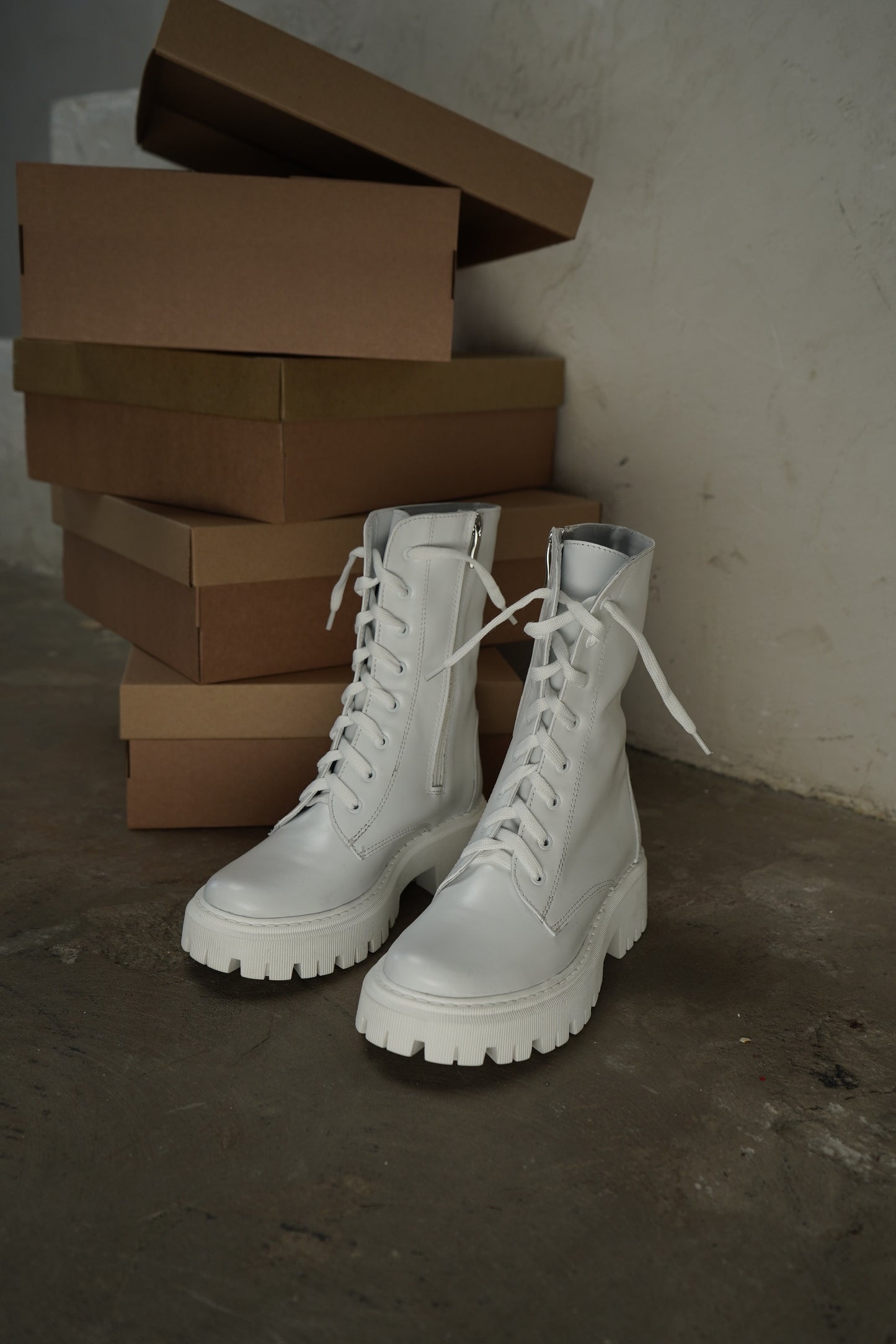 White Lace-Up Ankle Boots