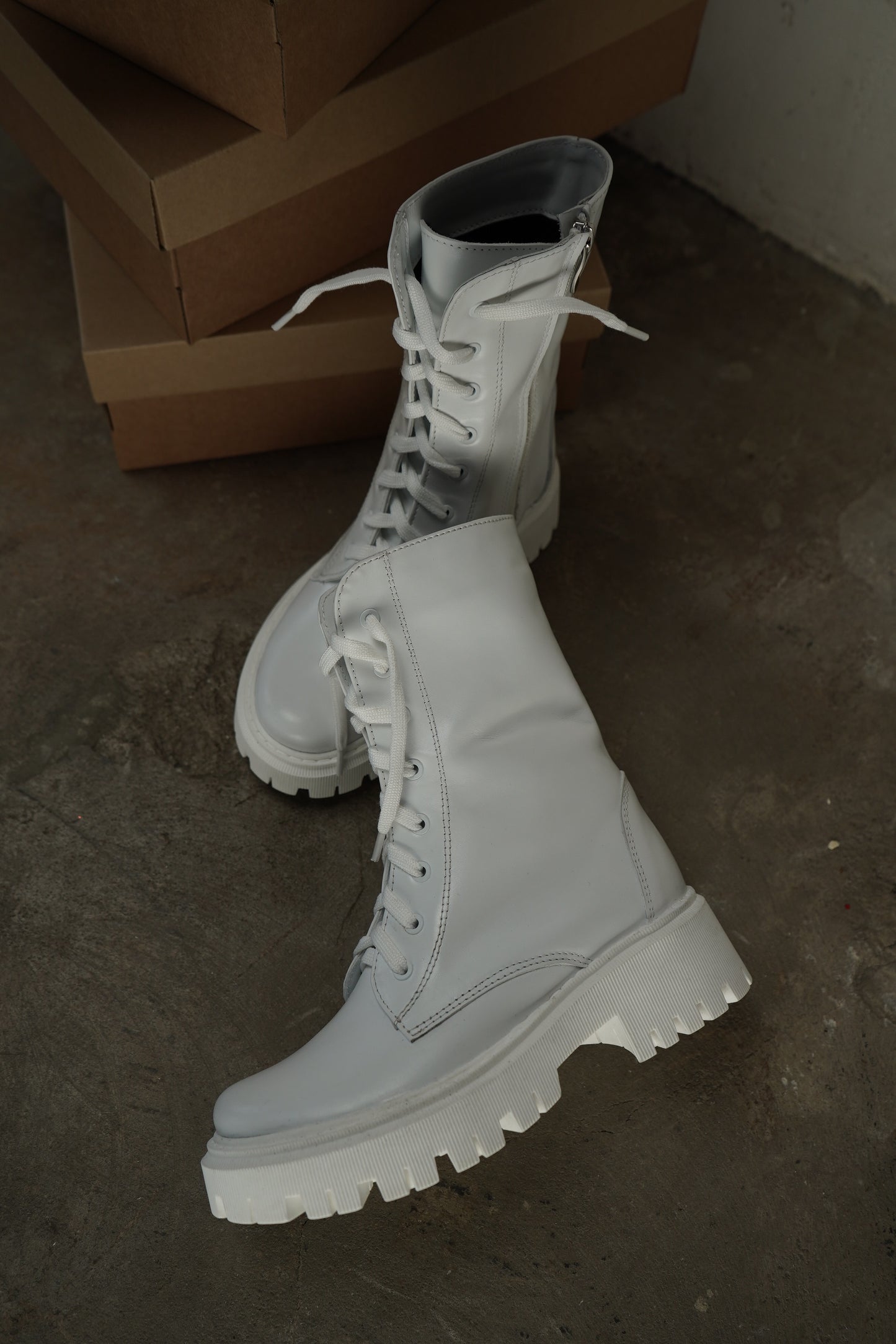 White Lace-Up Ankle Boots
