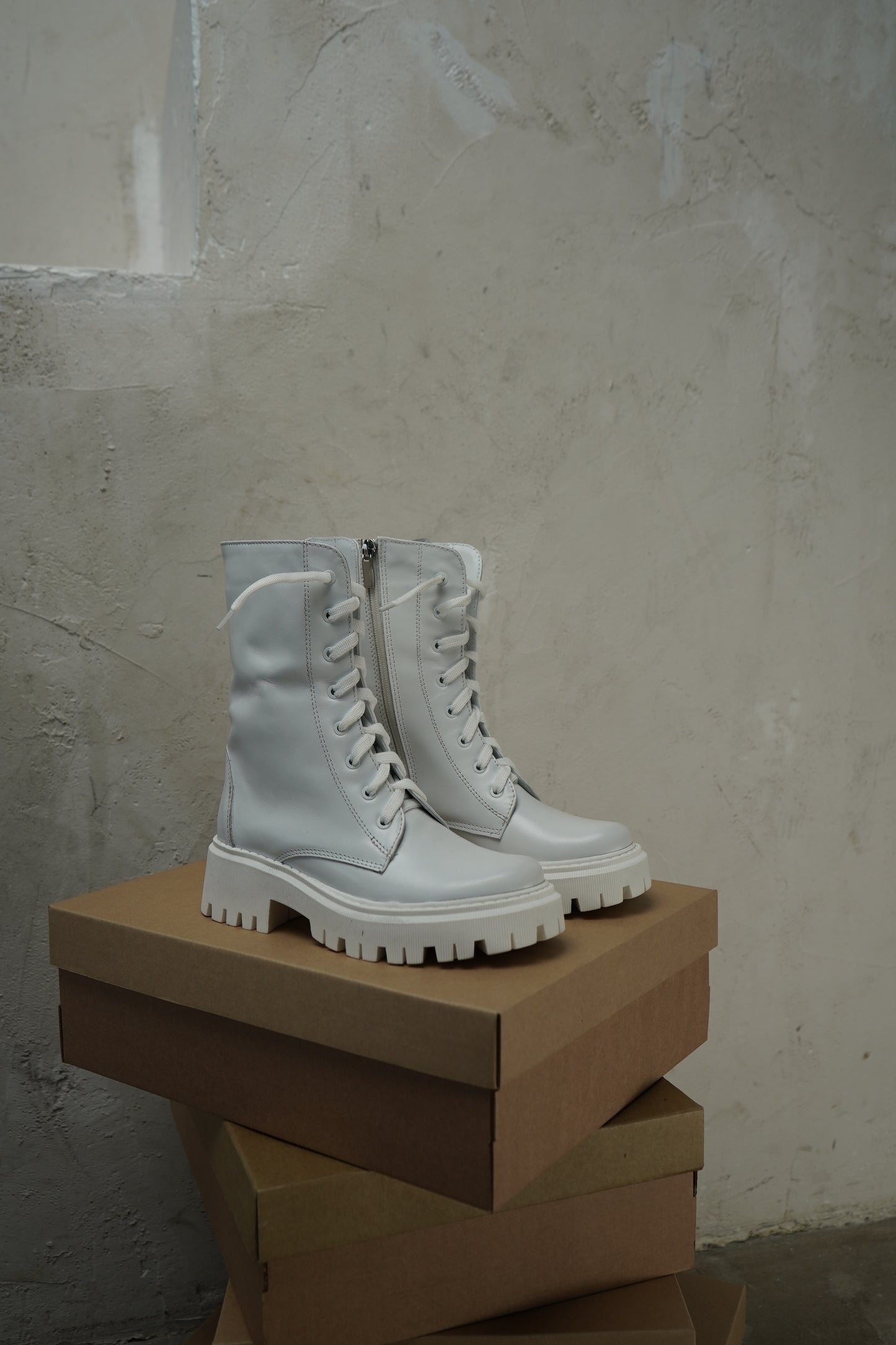 White Lace-Up Ankle Boots