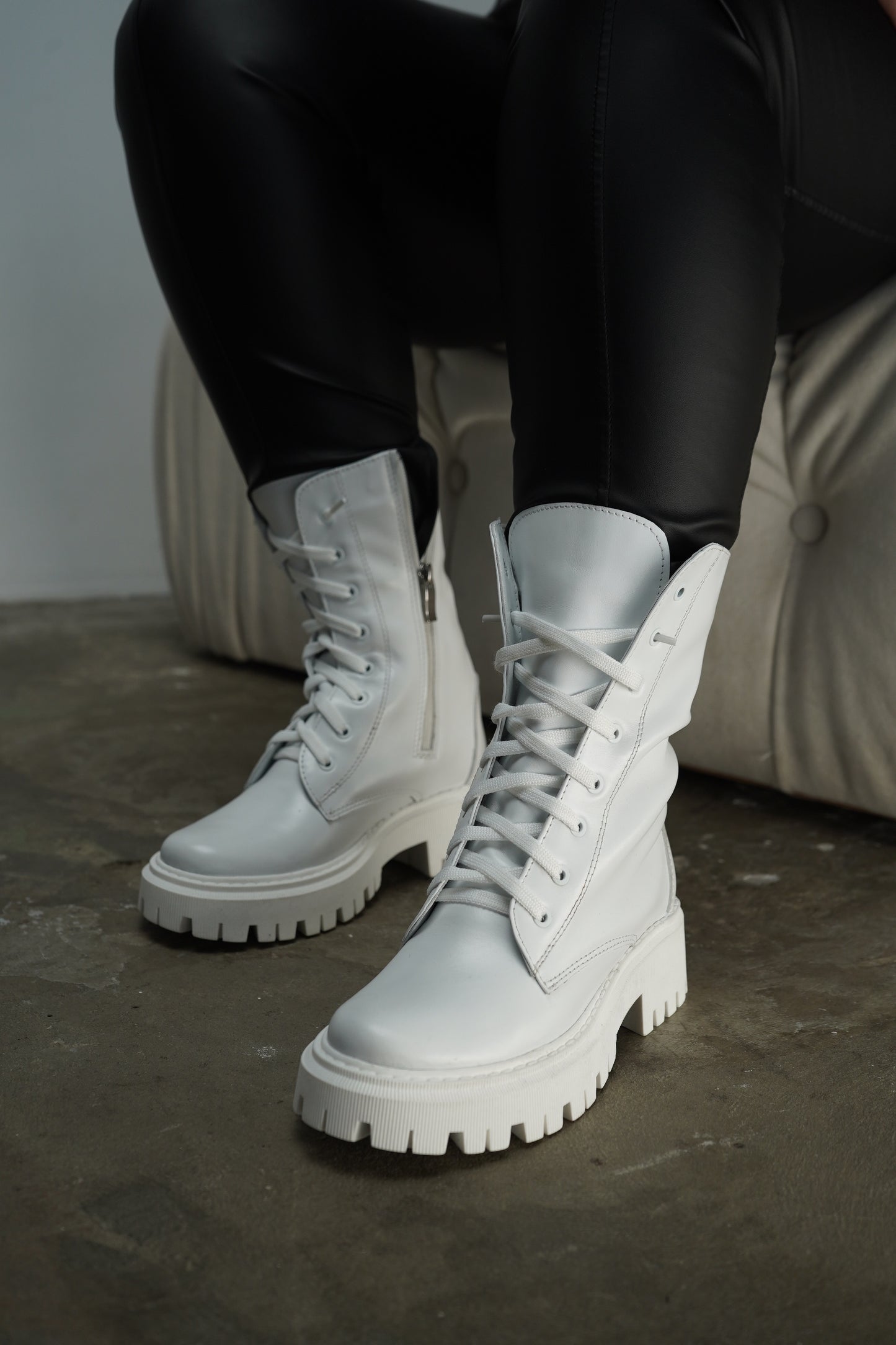 White Lace-Up Ankle Boots
